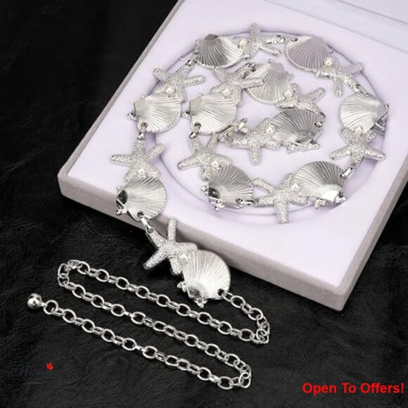 Adjustable Chain Belt with Shell Starfish and Synthetic Pearls, 47 Inch - Picture 2 of 7